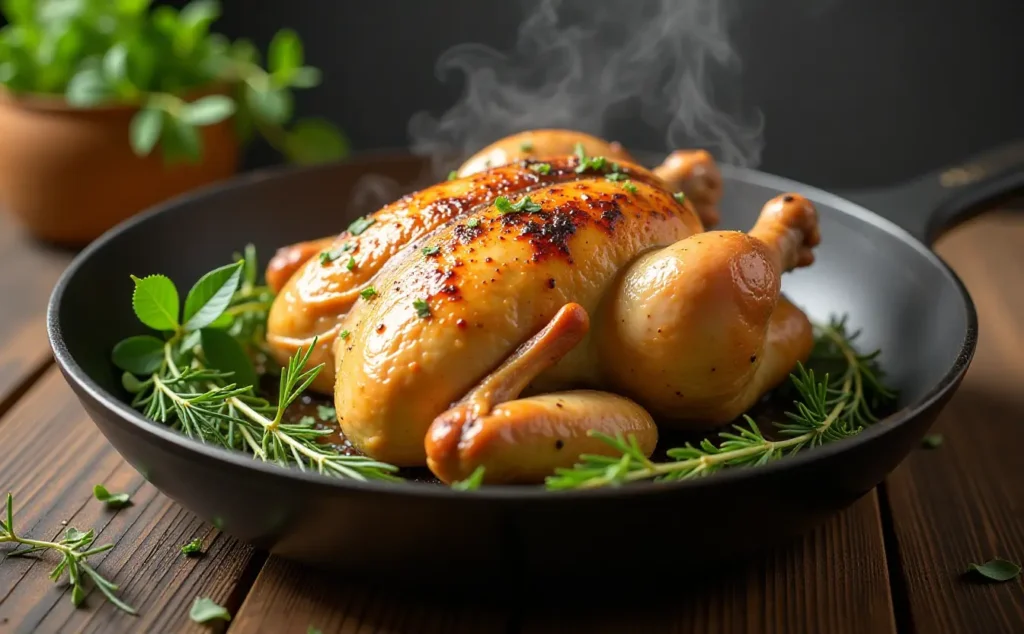 Lemon Chicken Olives A Mediterranean Classic 4 Chicken breasts are searing in a cast-iron skillet with fresh herbs and olive oil.