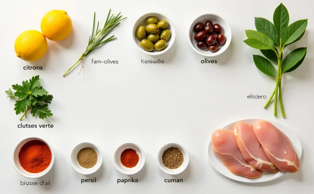 Lemon Chicken Olives A Mediterranean Classic 2 Fresh ingredients for Lemon Chicken & Olives, including lemons, olives, garlic, herbs, and chicken breasts on a wooden board.