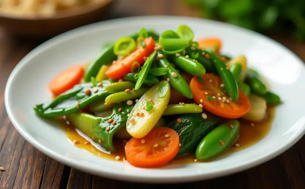 A serving of freshly cooked veggie stir fry placed on a modern white plate