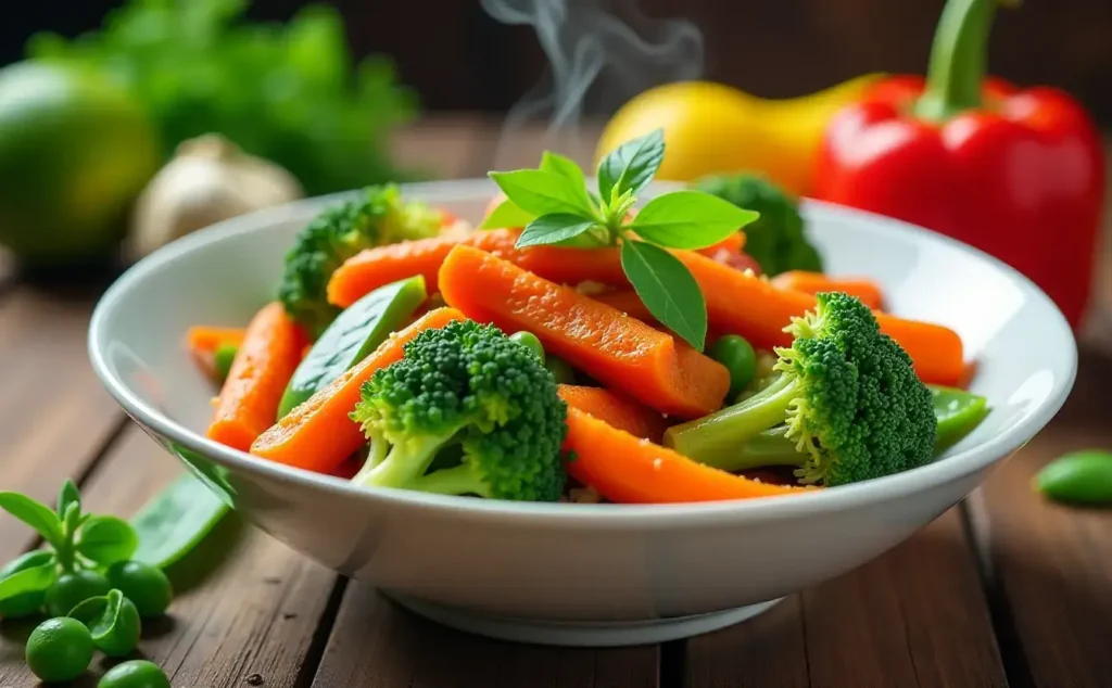 A close-up of a vibrant veggie stir fry featuring broccoli, red bell peppers, carrots, mushrooms, and snap peas, garnished with sesame seeds and cilantro, served in a white bowl on a rustic wooden table