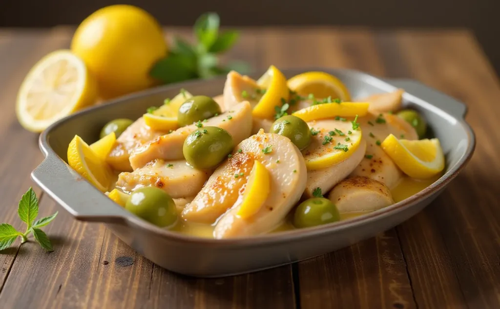 Lemon Chicken Olives A Mediterranean Classic 8 Meal prep containers filled with lemon chicken & olives, ready for storage or freezing."
