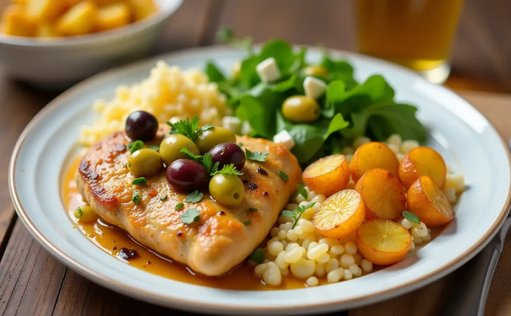 Lemon Chicken Olives A Mediterranean Classic 7 Lemon Chicken & Olives served with couscous, Greek salad with feta, and roasted potatoes.