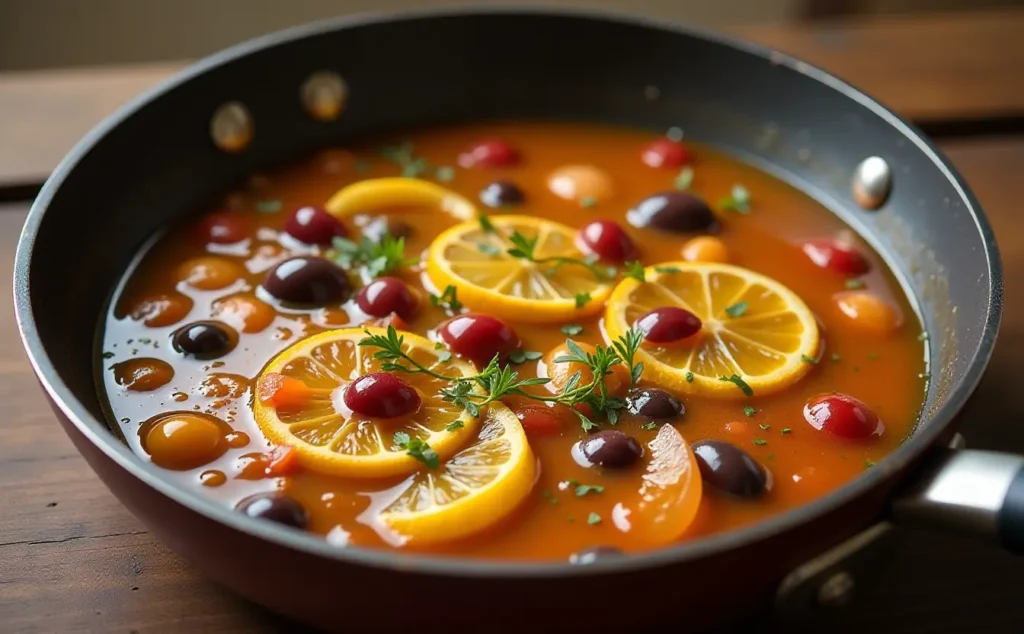 Lemon Chicken Olives A Mediterranean Classic 5 A vibrant Mediterranean sauce simmering with olives, lemon slices, and red onions in a skillet.