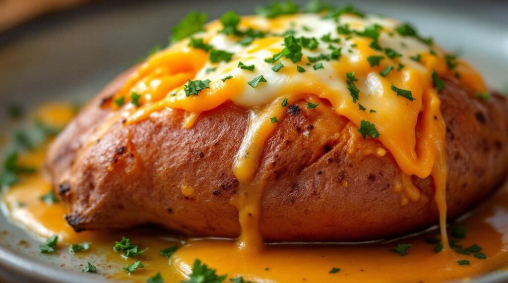 Easy Crispy Sweet Potato Skins Healthy Tasty 2 Close-up of a baked sweet potato topped with melted cheese, garnished with fresh parsley, and served on a plate. Crispy Sweet Potato Skins