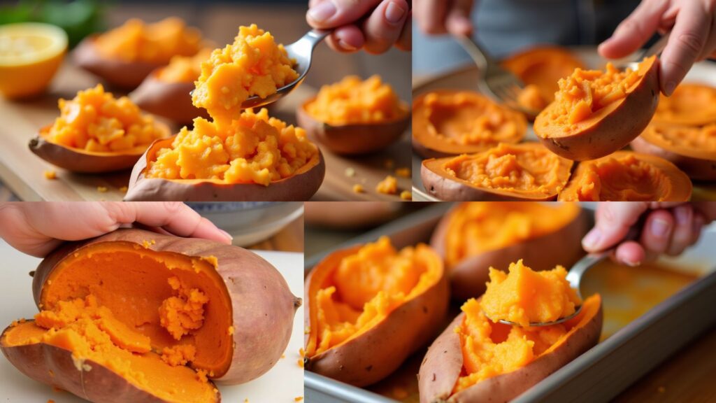 Easy Crispy Sweet Potato Skins Healthy Tasty 3 Step-by-step process of scooping and mashing sweet potato flesh to prepare for stuffed sweet potato skins, with close-up shots of hands and vibrant orange sweet potato. Crispy Sweet Potato Skins