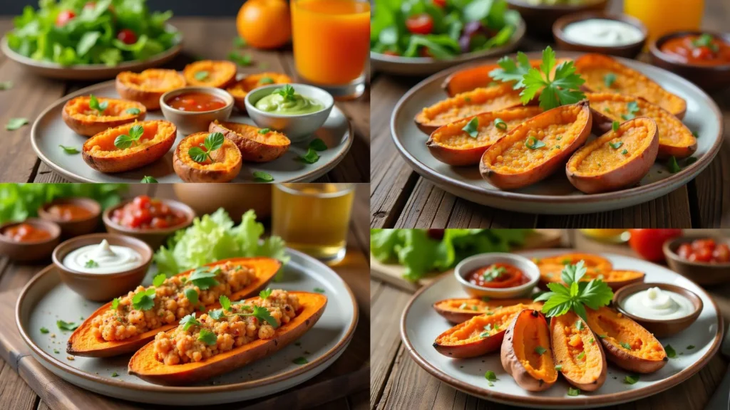 Easy Crispy Sweet Potato Skins Healthy Tasty 4 Collage of sweet potato skins served with a variety of accompaniments, including dips like guacamole, sour cream, and salsa, and garnished with fresh herbs, showcasing different serving styles on rustic plates. Crispy Sweet Potato Skins