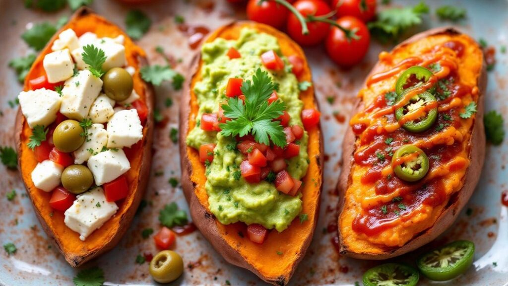 Loaded sweet potato skins garnished with feta, olives, and tomatoes on the left, guacamole and diced tomatoes in the center, and spicy sauce with jalapeños on the right.Crispy Sweet Potato Skins