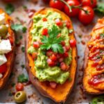Loaded sweet potato skins garnished with feta, olives, and tomatoes on the left, guacamole and diced tomatoes in the center, and spicy sauce with jalapeños on the right.Crispy Sweet Potato Skins