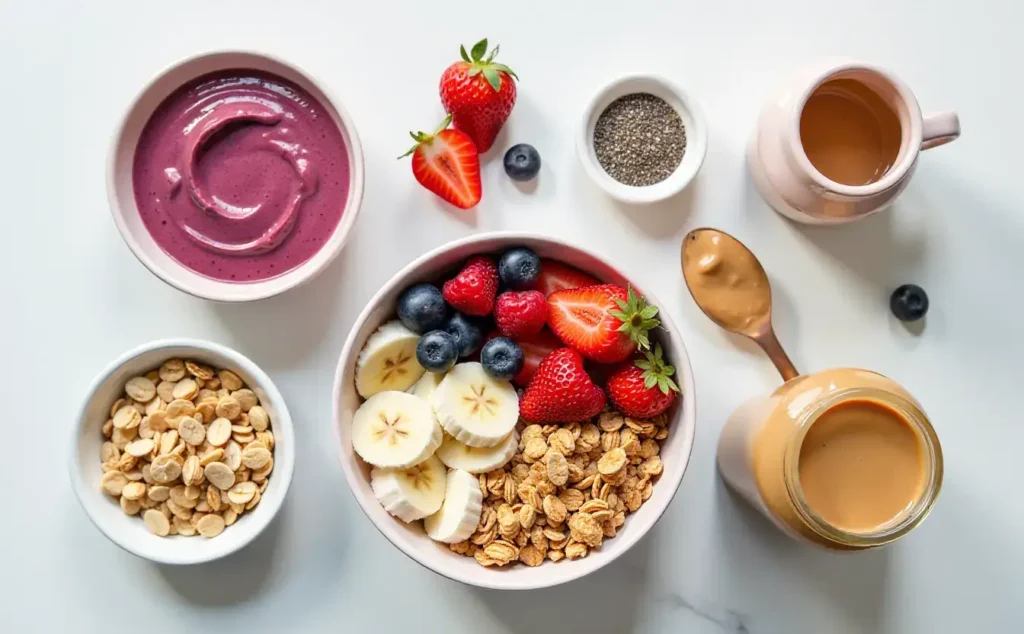 Açaí Bowl Recipe Antioxidant Powerhouse in 5 Minutes 3 Fresh ingredients for an açaí bowl recipe, including frozen açaí puree, bananas, mixed berries, and almond milk.