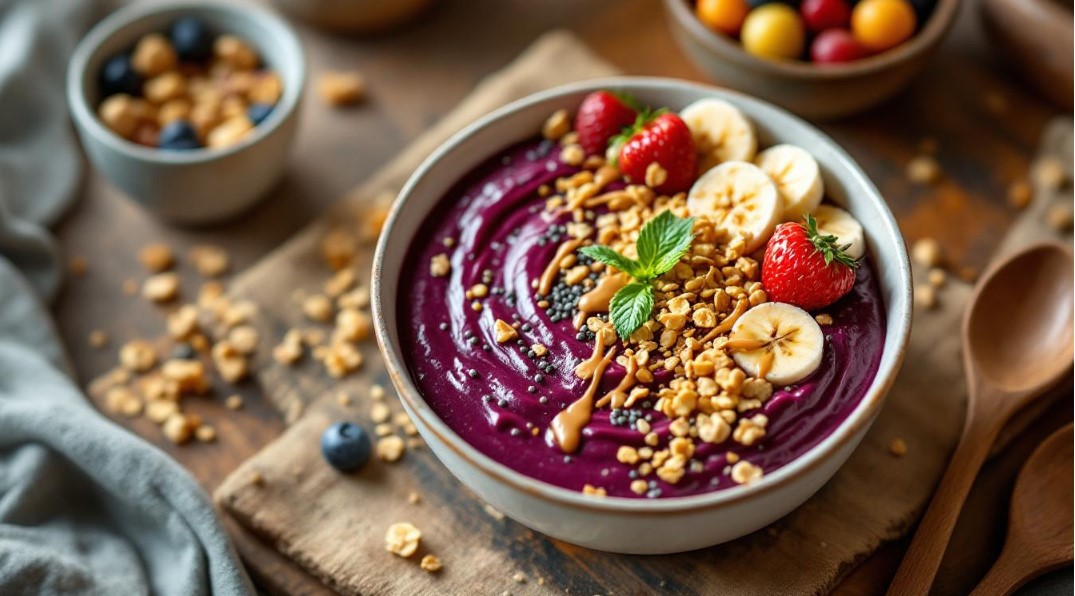 Açaí Bowl Recipe Antioxidant Powerhouse in 5 Minutes 3 Açaí bowl with a purple base, banana slices, strawberries, and granola.