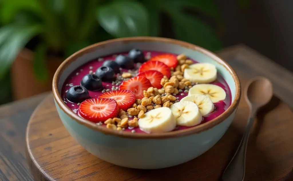 Açaí Bowl Recipe Antioxidant Powerhouse in 5 Minutes 2 A vibrant açai bowl recipe with fresh fruits, granola, and seeds on a wooden table.