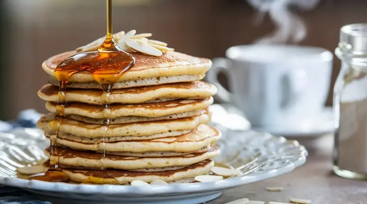 15 Fluffy Keto Pancakes Easy Low Carb Breakfast Recipe 5 Stack of golden brown almond flour pancakes on a plate, served plain or with optional toppings.