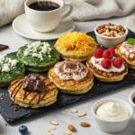 A rectangular platter of keto pancakes arranged on a slate or marble base, featuring savory pancakes (spinach-feta, chicken-cheddar) and sweet pancakes (tiramisu, chocolate-raspberry, strawberry-cream), surrounded by bowls of various toppings and sauces, set against a minimalist and elegant background.