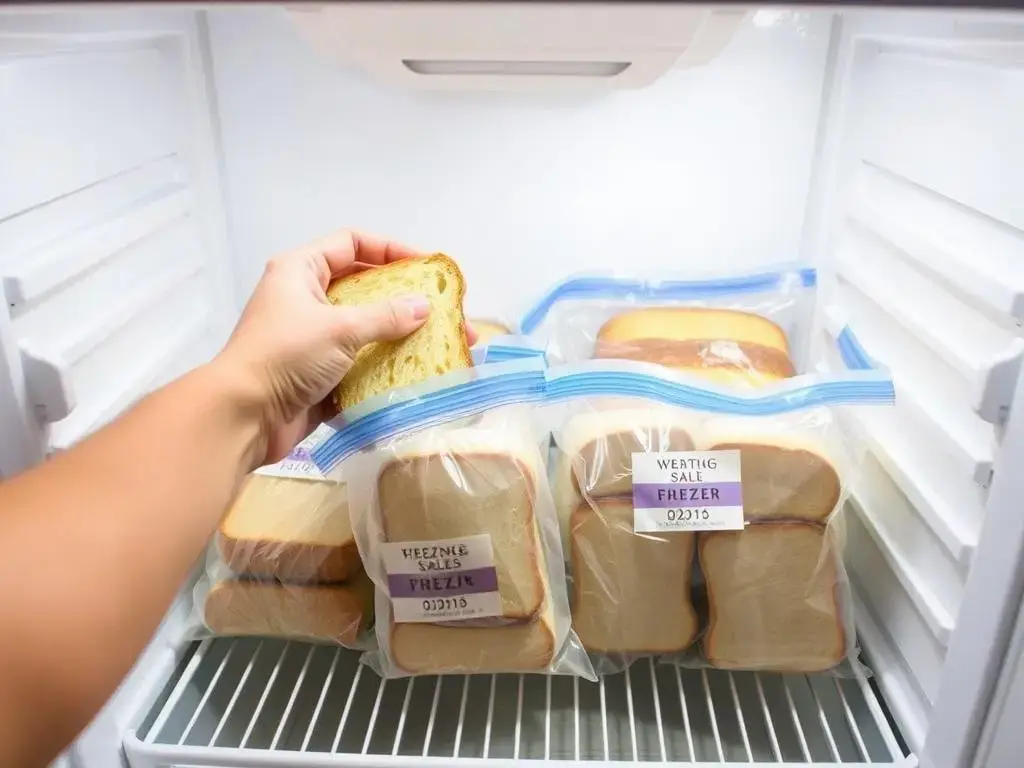 Best Bread Storage methods bread being placed in freezer bags with date labels. best bread storage methods.