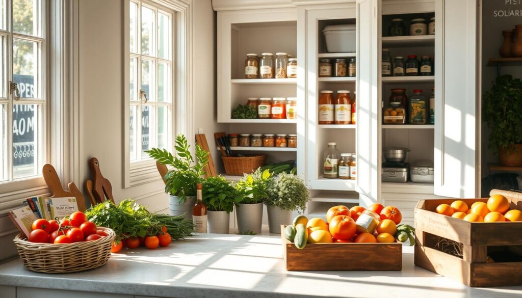 A bright, airy kitchen with natural light streaming through large windows. The pantry shelves are meticulously organized, with jars, cans, and containers neatly arranged by category. Fresh summer produce, such as ripe tomatoes, crisp greens, and vibrant herbs, are displayed on the countertop, casting warm shadows. Woven baskets hold packets of dried goods, while a wooden crate showcases an array of freshly harvested fruits. The overall atmosphere is one of calm, efficiency, and a celebration of the season's bounty.