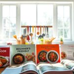 A bright and airy kitchen scene, sunlight streaming through large windows. In the foreground, a collection of beginner-friendly recipe books with colorful covers, their pages open to tempting dishes. In the middle ground, various kitchen utensils and ingredients are neatly arranged, suggesting an inviting space for culinary exploration. The background features a simple, minimalist design, allowing the focus to remain on the inspiring recipe books and the tools of the trade. The overall atmosphere conveys a sense of approachability, encouraging the viewer to venture into the world of home cooking with confidence.