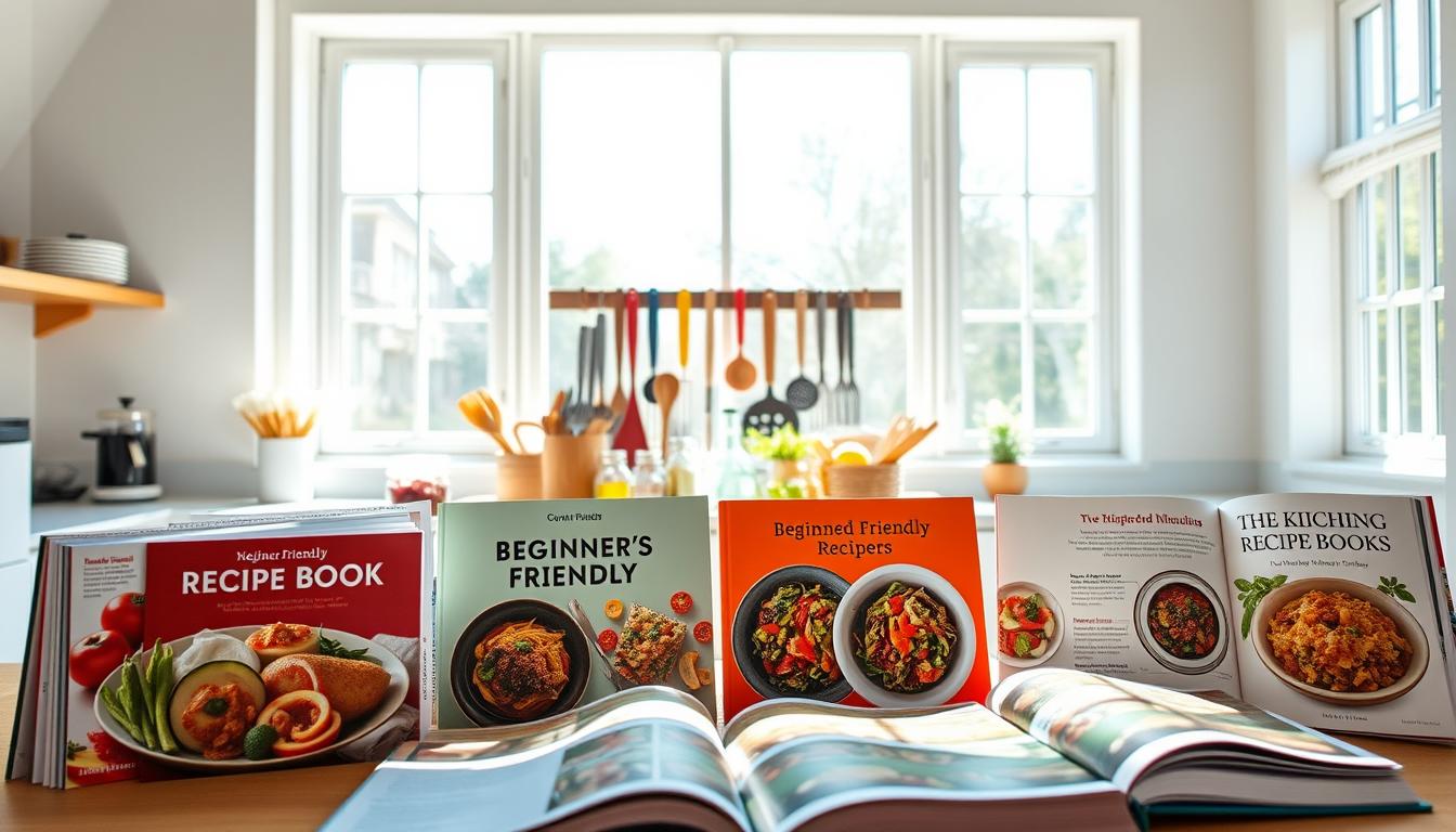 A bright and airy kitchen scene, sunlight streaming through large windows. In the foreground, a collection of beginner-friendly recipe books with colorful covers, their pages open to tempting dishes. In the middle ground, various kitchen utensils and ingredients are neatly arranged, suggesting an inviting space for culinary exploration. The background features a simple, minimalist design, allowing the focus to remain on the inspiring recipe books and the tools of the trade. The overall atmosphere conveys a sense of approachability, encouraging the viewer to venture into the world of home cooking with confidence.