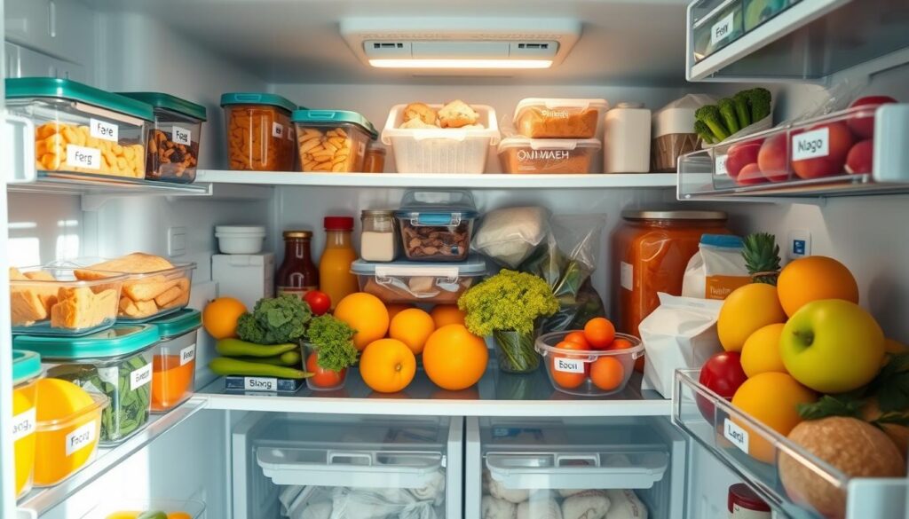 A bright, clean, and well-organized refrigerator interior. The shelves are neatly arranged with labeled clear containers, fruits, and vegetables in the foreground. The middle ground showcases various meal prep ingredients like cooked proteins, condiments, and dairy products. In the background, the freezer section is visible, with frozen items stored in transparent bags and boxes. Soft, natural lighting illuminates the scene, creating a sense of order and efficiency. The overall atmosphere conveys a streamlined, functional, and visually pleasing kitchen space, ready to support healthy summer meal planning.