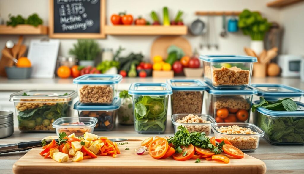 A bright, well-organized kitchen counter brimming with varied healthy meal prep items. In the foreground, a cutting board showcases freshly sliced vegetables, herbs, and lean protein options. In the middle ground, airtight containers hold pre-portioned grains, salads, and snacks. The background features a chalkboard or whiteboard calendar, colorful produce, and kitchen tools, conveying a sense of thoughtful, weekend planning for the week ahead. Warm, natural lighting sets a serene, inspiring atmosphere, perfect for exploring new, nourishing lunch possibilities beyond the standard sandwich.
