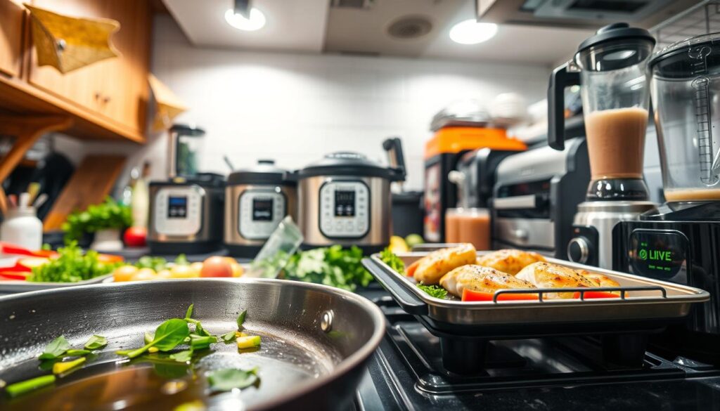 A bustling kitchen scene filled with various cooking tools and techniques. In the foreground, a sizzling pan with fresh vegetables and a drizzle of olive oil. In the middle ground, a food processor quickly chopping ingredients and a pressure cooker steaming away. In the background, a convection oven with a tray of perfectly baked chicken, and a high-powered blender mixing up a smoothie. Bright overhead lighting illuminates the efficient, time-saving methods, creating a lively and energetic atmosphere. The scene conveys the ease and speed of preparing delicious, nutritious meals even on the busiest weeknights.