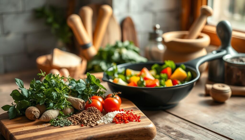 A carefully curated selection of simple cooking techniques, captured in a warm and inviting still-life scene. In the foreground, a wooden cutting board showcases a neatly arranged array of aromatic herbs, spices, and fresh produce, inviting the viewer to imagine the flavors to be unleashed. In the middle ground, a cast-iron skillet sizzles with sautéed vegetables, their rich colors and textures reflecting the natural light streaming in from a nearby window. In the background, a collection of essential kitchen tools, such as a whisk, a ladle, and a mortar and pestle, hint at the versatility of these fundamental culinary techniques. The overall composition exudes a sense of effortless mastery, inspiring the viewer to explore the art of flavoring their dishes like a true culinary professional.