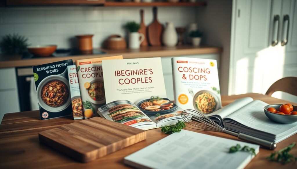 A cheerful, inviting kitchen scene with a collection of beginner-friendly recipe books and cooking utensils scattered across a wooden table. The books display vibrant, appetizing food images and simple, easy-to-follow instructions. Soft, warm lighting bathes the scene, creating a cozy, welcoming atmosphere. In the foreground, a cutting board, whisk, and a few fresh ingredients like herbs and vegetables suggest a hands-on cooking experience. The background features a tidy, modern kitchen with clean, minimalist decor, hinting at the simplicity and approachability of the recipes within.