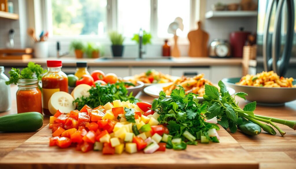 A cheerful, vibrant kitchen scene showcasing a variety of quick and easy recipe ideas. In the foreground, an array of fresh, colorful ingredients - chopped vegetables, herbs, and condiments - are neatly arranged on a wooden cutting board, conveying the sense of effortless meal preparation. In the middle ground, a couple of simple, homemade dishes, such as a pasta salad and a stir-fry, are presented on white plates, their tempting aromas hinting at their deliciousness. The background features a well-equipped, modern kitchen, with warm, natural lighting streaming in through large windows, creating a cozy, inviting atmosphere. An overall sense of simplicity, efficiency, and culinary joy permeates the scene, inspiring the viewer to try these time-saving cooking hacks.