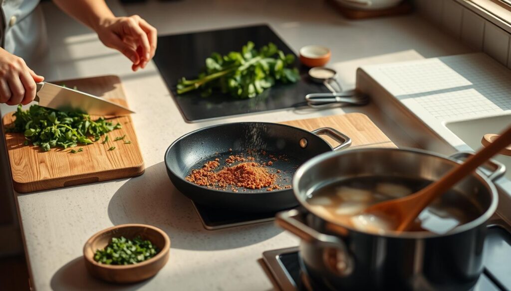 A close-up view of a kitchen counter, bathed in warm, natural lighting. On the surface, various simple cooking techniques are artfully displayed: a chef's knife slicing through fresh herbs, a pair of hands delicately sprinkling spices onto a sizzling pan, a wooden spoon stirring a bubbling pot of aromatic broth. The mise en place is meticulous, with neatly arranged ingredients and tools, conveying a sense of culinary precision and efficiency. The overall mood is one of calm, focused expertise, inviting the viewer to imagine the delectable flavors that will emerge from these straightforward, yet masterful, cooking methods.