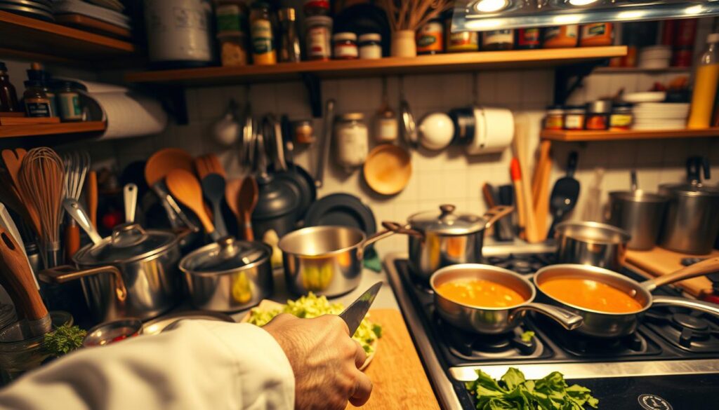 A cluttered kitchen counter, overflowing with the tools of the trade - pots, pans, whisks, and spatulas, all illuminated by warm, soft lighting. In the foreground, a chef's hand deftly slices vegetables, demonstrating the precise techniques essential for culinary mastery. Behind, a stove top simmers with simmering sauces, while the background features shelves stocked with spices, herbs, and other flavorful accoutrements. The scene exudes a sense of focus, skill, and the joy of creating delicious, nourishing meals. A wide-angle lens captures the full breadth of this epicurean workspace, inviting the viewer to immerse themselves in the art of cooking.