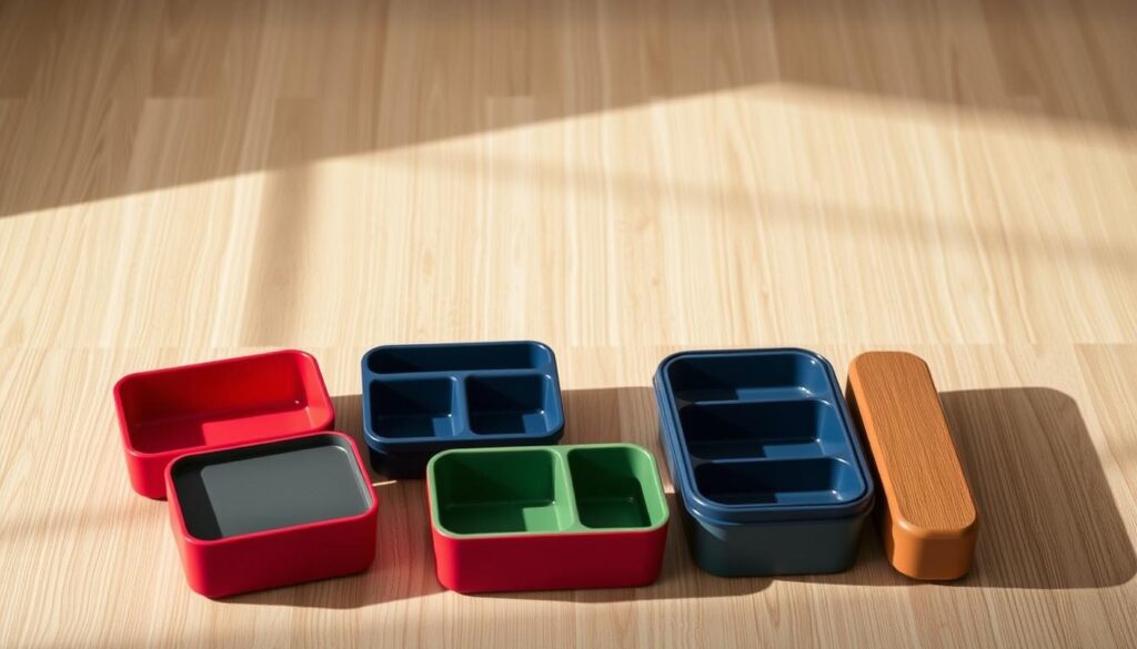 A collection of sleek, Japanese-inspired bento box containers resting on a minimalist, wooden surface. The boxes come in a variety of vibrant colors - crimson red, deep indigo, mossy green - with clean lines and symmetrical compartments. Soft, directional lighting casts gentle shadows, emphasizing the containers' sculptural forms. The scene exudes a sense of calm organization and careful meal preparation, perfectly capturing the essence of the "Essential Tools and Containers for Creating Bentos" section.