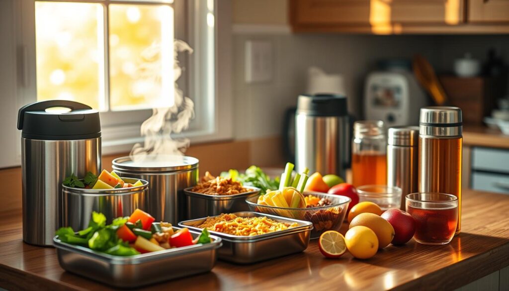 A cozy kitchen counter, bathed in warm afternoon light, showcases an assortment of vibrant, healthy lunch options packed in sleek, stainless steel thermoses. Steaming vegetable stir-fry, hearty chili, and fragrant curried rice beckon, their aromas wafting through the air. Alongside, crisp veggie sticks, fresh fruit, and a thermos of soothing herbal tea complete this inviting, nourishing tableau. The scene exudes a sense of homemade comfort and thoughtful preparation, inspiring parents to think beyond the classic sandwich for their child's midday meal.