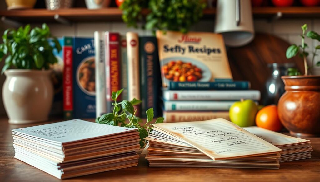 A cozy kitchen counter filled with a collection of classic recipe books, their covers showcasing mouthwatering dishes. In the foreground, a stack of handwritten recipe cards, their edges worn and stained, suggesting a history of cherished home-cooked meals. A warm, soft light bathes the scene, creating a welcoming and inviting atmosphere. Framing the arrangement, potted herbs and fresh produce add pops of vibrant color, hinting at the simple, wholesome ingredients that make up the beginner-friendly recipes. The overall mood is one of familiar comfort and the promise of delicious, easy-to-prepare dishes.