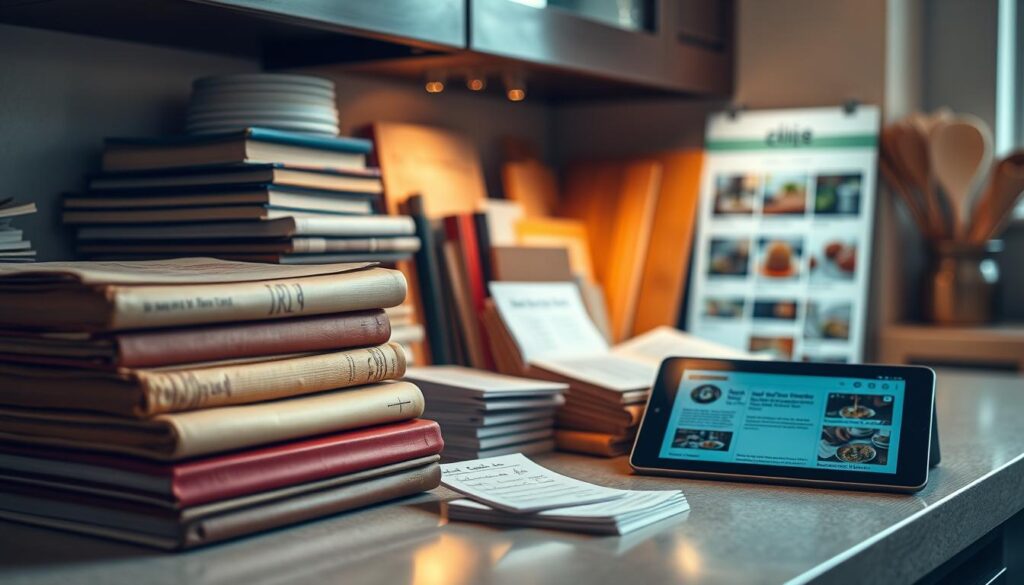 A cozy kitchen counter, filled with an array of cookbooks, recipe cards, and a tablet displaying a cooking website. Soft, warm lighting illuminates the scene, creating a welcoming and inviting atmosphere. In the foreground, a stack of well-worn, dog-eared cookbooks stands out, representing the diverse sources of culinary inspiration. The middle ground features a neatly organized collection of handwritten recipe cards, reflecting the personal touch of home cooking. In the background, a tablet showcases a visually appealing cooking blog, hinting at the wealth of digital resources available to modern home cooks. The overall composition conveys the idea of accessible, beginner-friendly recipe sources, ready to inspire and guide the aspiring chef.
