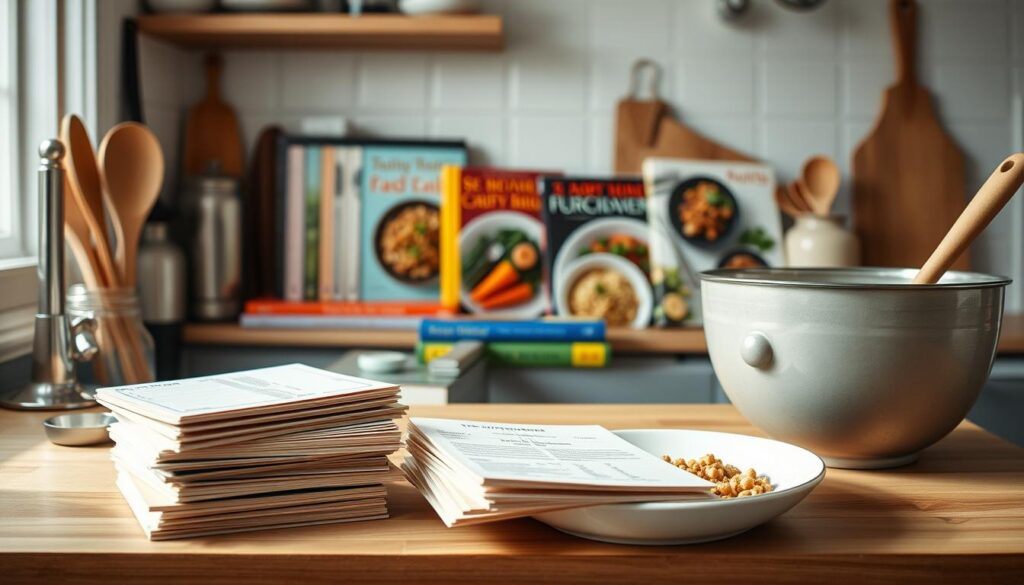 A cozy kitchen counter filled with an assortment of beginner-friendly recipe books and kitchen utensils. Soft, natural lighting illuminates the scene, casting a warm glow on the ingredients and surfaces. In the foreground, a stack of well-worn recipe cards and a mixing bowl containing simple, wholesome ingredients. Midground features various cookbooks with vibrant, inviting covers, showcasing mouthwatering meals. The background includes a minimalist, Scandinavian-inspired kitchen design with clean lines and neutral tones, creating a serene and approachable atmosphere.