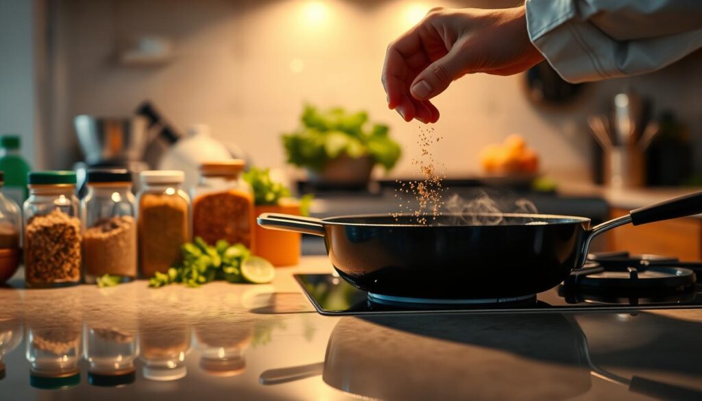 A cozy kitchen counter, illuminated by warm, soft lighting. On the surface, an array of seasoning jars, fresh herbs, and a sizzling pan. In the foreground, a chef's hand skillfully seasoning the dish, capturing the essence of "Flavoring Your Dishes Like a Pro". The background blurs into a hazy, inviting atmosphere, suggesting the comfort and simplicity of cooking for beginners. Subtle reflections on the gleaming kitchen surfaces add depth and texture to the scene. The image conveys a sense of mastery and confidence in the art of cooking, inspiring the viewer to explore new flavors and techniques.