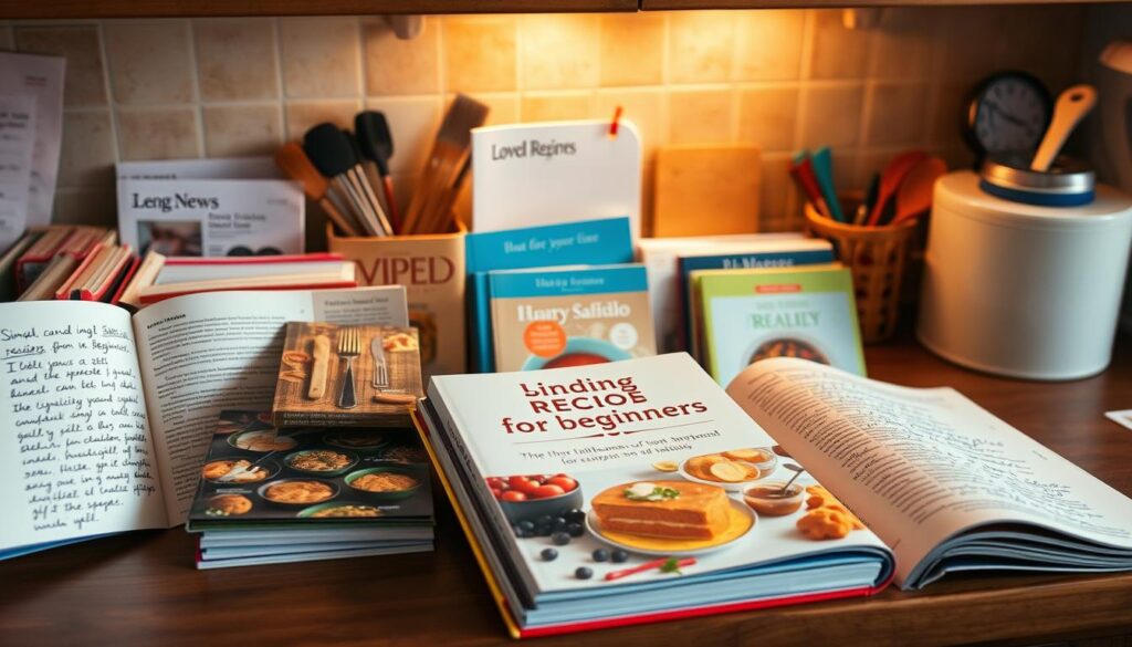 A cozy kitchen counter with a collection of neatly arranged recipe books, magazines, and handwritten notes. The books feature vibrant covers with simple, approachable recipes for beginners. Warm, soft lighting illuminates the scene, creating a welcoming atmosphere. The angle is slightly from above, capturing the essence of the "Finding Reliable Recipes" section. The overall mood is one of simplicity, accessibility, and the joy of learning to cook.