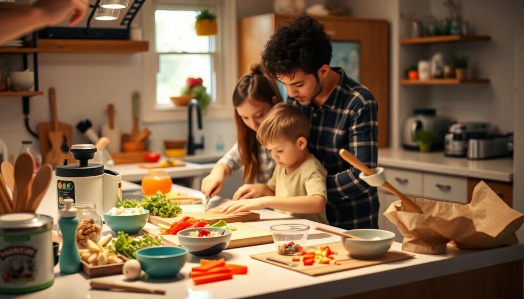 A cozy kitchen counter with a family gathered around, chopping vegetables, arranging snacks, and mixing batter. Warm, soft lighting casts a gentle glow, creating an inviting atmosphere. In the foreground, a young child intently follows the instructions of a parent, learning a simple cooking technique. Wooden utensils, colorful ingredients, and a clean, organized workspace convey the ease and joy of family-friendly cooking hacks. The middle ground features a variety of practical, time-saving gadgets and tools, while the background showcases a tidy, welcoming kitchen interior with playful decor elements.