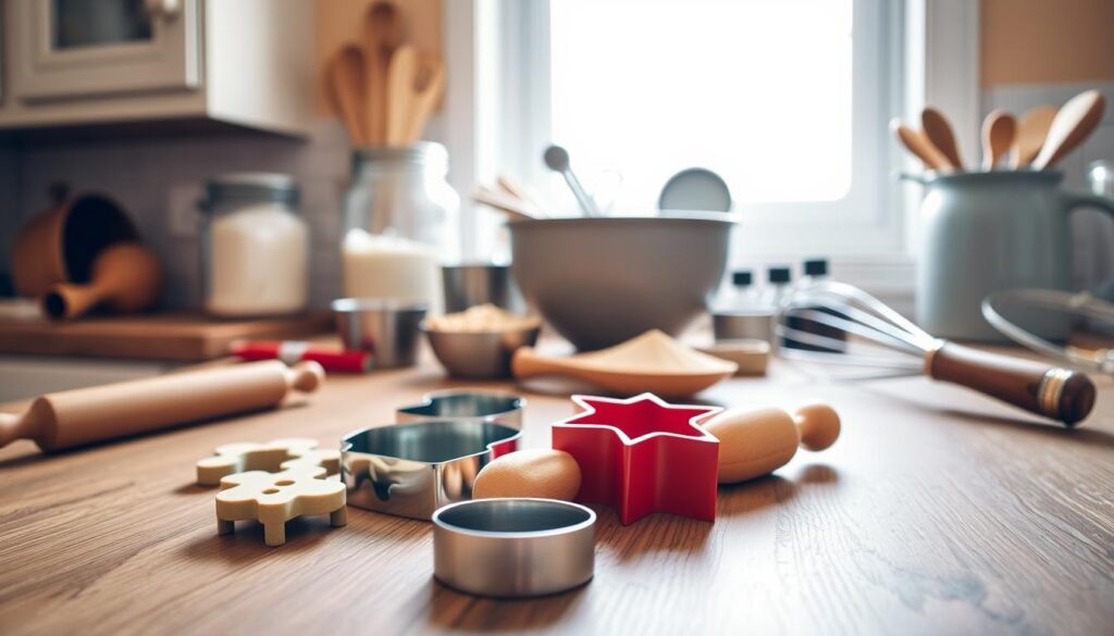 A cozy kitchen counter with an assortment of baking tools and ingredients. In the foreground, a rolling pin, cookie cutters, and a whisk sit atop a wood-grain surface. In the middle ground, a mixing bowl, flour canister, and measuring spoons are placed neatly. The background features a bright window, letting in natural light that casts a warm, inviting glow. The overall scene exudes an atmosphere of homemade comfort and culinary efficiency, showcasing practical baking hacks to streamline the process and save time and money.