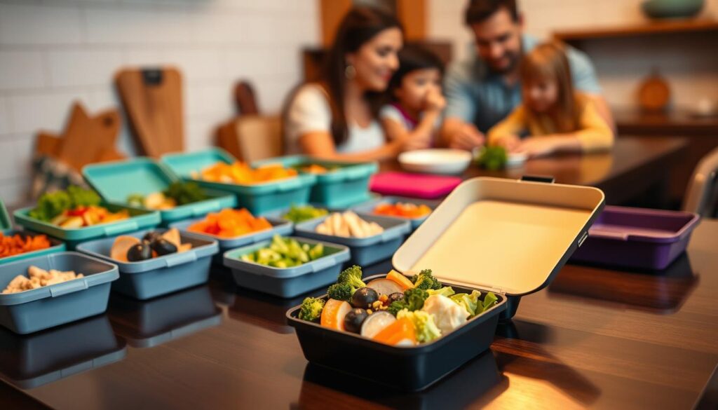 A cozy kitchen counter with an assortment of neatly arranged bento boxes, their vibrant colors and delicate compositions creating a visually appealing display. In the foreground, a single bento box is open, revealing an array of meticulously prepared, bite-sized portions of various nutritious foods - colorful vegetables, lean proteins, and a touch of natural sweetness. The lighting is soft and warm, casting a gentle glow over the scene, highlighting the care and attention to detail that goes into crafting these balanced, visually stimulating meals. In the background, a blurred but discernible family gathers around the table, enjoying the convenience and health benefits of the bento-style presentation.