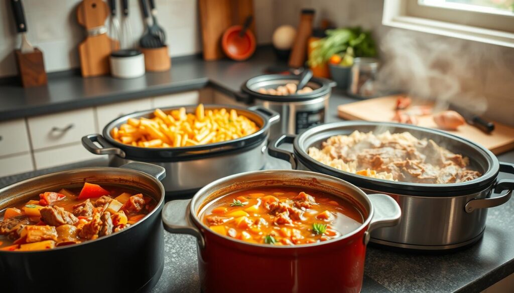 A cozy kitchen countertop scene, showcasing an assortment of one-pot meals. In the foreground, a simmering pot of hearty stew, with chunks of tender meat and vibrant vegetables. Nearby, a large casserole dish brimming with a creamy, cheesy pasta bake, garnished with fresh herbs. In the middle ground, a slow cooker releasing fragrant steam, containing a savory pulled pork dish. The background features a butcher's block with various cooking utensils, and a cutting board with freshly chopped ingredients, all illuminated by warm, natural lighting from a nearby window. The overall atmosphere exudes simplicity, efficiency, and the comforting aroma of home-cooked goodness.