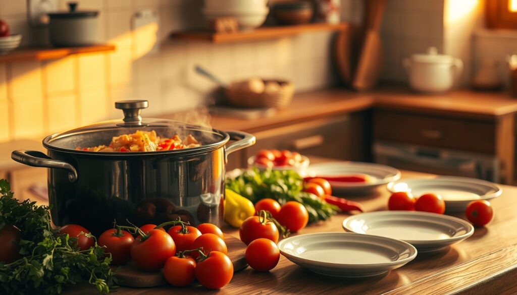 A cozy kitchen scene bathed in warm, golden lighting. In the foreground, a large pot simmers with a delectable one-pot meal, its savory aromas filling the air. Surrounding it, an array of fresh ingredients - juicy tomatoes, crisp vegetables, and fragrant herbs - are artfully arranged, suggesting the ease of preparation. In the middle ground, a simple wooden table is set with two plates, inviting the viewer to sit down and enjoy the effortless, nourishing feast. The background is softly blurred, drawing the eye to the practical yet enticing culinary display. The overall mood is one of simplicity, comfort, and the joy of uncomplicated, homemade cooking.