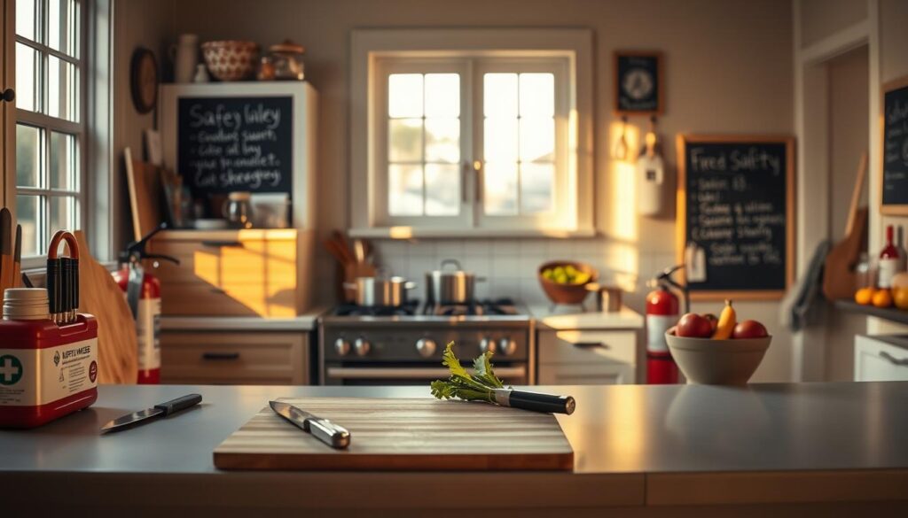 A cozy kitchen scene, illuminated by warm, natural light filtering through large windows. In the foreground, a clean and organized countertop showcases a cutting board, sharp knives, and a first-aid kit, emphasizing safety. Mid-ground features a stove with pots simmering, a fire extinguisher mounted nearby, and a bowl of fresh produce. The background depicts a well-stocked pantry, a chalkboard with safety reminders, and a subtle, neutral color palette that evokes a sense of calm and control. The overall mood is one of efficiency, preparedness, and a commitment to responsible cooking practices.