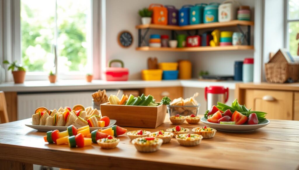 A cozy kitchen scene with a bright, airy atmosphere. In the foreground, a wooden table is set with a variety of age-appropriate lunch items: bite-sized sandwiches, fresh fruit skewers, mini quiches, and vegetable snacks arranged in a visually appealing manner. The middle ground features a window overlooking a lush, green backyard, allowing natural light to flood the space. The background showcases shelves stocked with colorful lunch boxes, thermoses, and other meal prep accessories. The lighting is soft and diffused, creating a warm, inviting ambiance. The overall composition suggests a balanced, nutritious, and fun lunchtime spread tailored for different age groups.