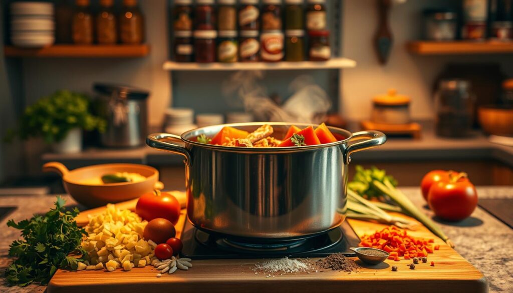 A cozy kitchen scene with a large pot simmering on the stove, filled with a hearty one-pot meal. The pot is surrounded by fresh ingredients like chopped vegetables, herbs, and spices, neatly arranged on a wooden cutting board. Warm, golden lighting casts a soft glow, creating an inviting atmosphere. In the background, a tidy pantry with jars and cans hints at the efficiency of this time-saving cooking hack. The camera angle is slightly elevated, capturing the effortless elegance of this simple, nourishing dish.