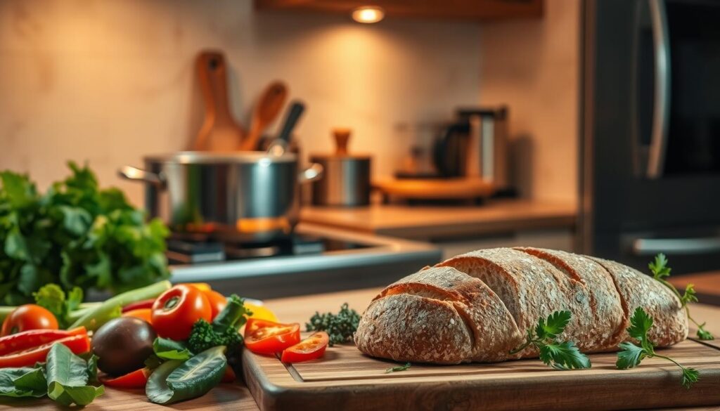 A cozy kitchen scene with a large stockpot simmering on the stove, emitting delicious aromas. In the foreground, an array of fresh vegetables and herbs are neatly chopped and ready to be added. Soft, warm lighting illuminates the scene, creating a comforting and inviting atmosphere. In the middle ground, a wooden cutting board displays a hearty loaf of crusty bread, ready to be torn and shared. The background features sleek, modern appliances and a tidy countertop, suggesting an efficient and streamlined cooking experience. The overall mood is one of simplicity, nourishment, and the joy of effortless, time-saving home-cooked meals.