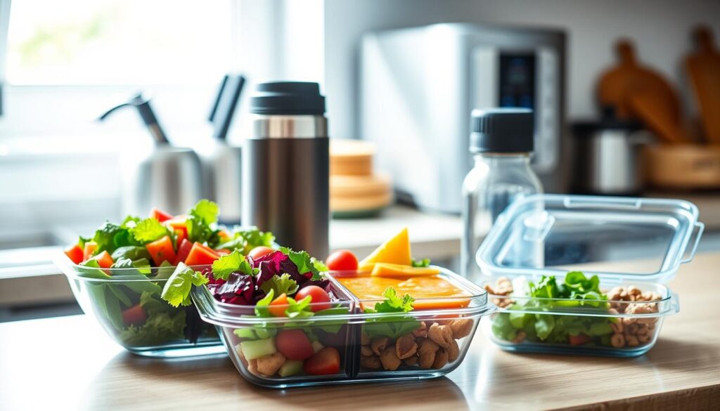 A cozy, well-lit kitchen counter showcases an assortment of healthy lunchbox items. In the foreground, a vibrant salad, a thermos of warm soup, and a reusable water bottle. In the middle ground, a bento-style lunchbox features compartments filled with colorful fruits, vegetables, and whole-grain snacks. The background features a modern, minimalist aesthetic with a sleek appliance and tidy organization. Soft, natural lighting creates a calming, approachable atmosphere, inviting viewers to envision themselves preparing a nourishing, time-saving lunchbox for busy mornings.