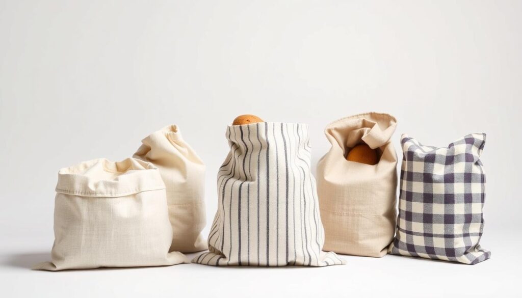 A crisp, well-lit studio photograph showcasing a collection of reusable linen bread bags. The foreground features three different bag designs - a plain natural linen, a striped linen, and a checked linen pattern. Each bag is positioned to highlight its texture, color, and functionality as a storage solution for freshly baked bread. The middle ground shows the bags open, revealing their spacious interiors. In the background, a clean white backdrop provides a minimalist, contemporary setting to emphasize the bags' elegant, sustainable design. Soft, diffused lighting from an overhead source casts subtle shadows, accentuating the natural fibers and organic feel of the linen material.