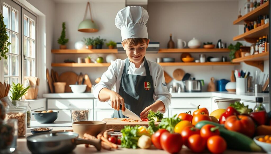 A curious chef in a bright, airy kitchen, experimenting with a variety of ingredients. In the foreground, hands skillfully chopping and mixing, surrounded by an array of colorful produce. The middle ground features assorted cookware, spices, and gadgets, hinting at the chef's adventurous spirit. The background showcases large windows, allowing natural light to flood the space and create a warm, inviting atmosphere. Soft shadows and highlights accentuate the textures and shapes, while a sense of childlike wonder and discovery permeates the scene. The overall mood is one of playful exploration, capturing the essence of embracing the art of culinary experimentation.