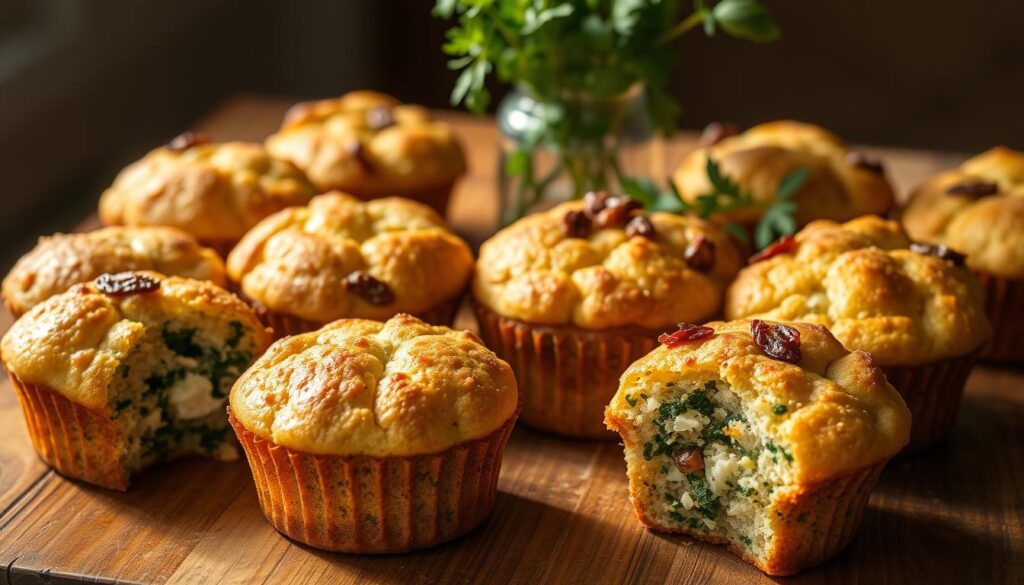 A delectable arrangement of savory muffins on a rustic wooden table, illuminated by warm, natural lighting. The muffins, freshly baked, feature an array of tantalizing fillings - from fluffy, cheesy spinach to crumbly feta and sun-dried tomatoes. The muffin tops are adorned with a golden-brown crust, inviting the viewer to imagine the satisfying texture and flavor within. In the background, a vase of fresh herbs adds a verdant touch, complementing the mouthwatering muffins. The scene exudes a homey, comforting atmosphere, perfect for a healthy and satisfying lunch swap.