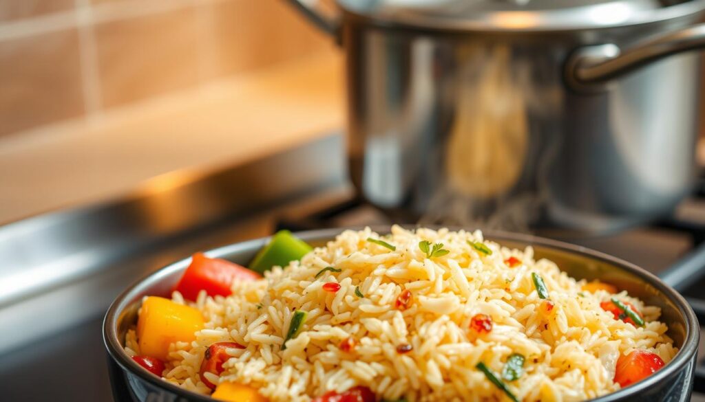 A delectable one-pot rice meal, simmering with vibrant vegetables and aromatic herbs. In the foreground, a steaming bowl of fluffy, fragrant rice is nestled among colorful bell peppers, zucchini, and onions, all perfectly cooked to a tender, flavorful blend. The middle ground reveals a rich, creamy sauce infused with garlic, ginger, and the subtle heat of chili peppers, perfectly coating the grains. In the background, a stainless steel pot rests on a sleek, modern stove, casting a warm, inviting glow under soft, diffused lighting. The overall scene exudes a comforting, homemade atmosphere, beckoning the viewer to dive into this wholesome, one-pot wonder.